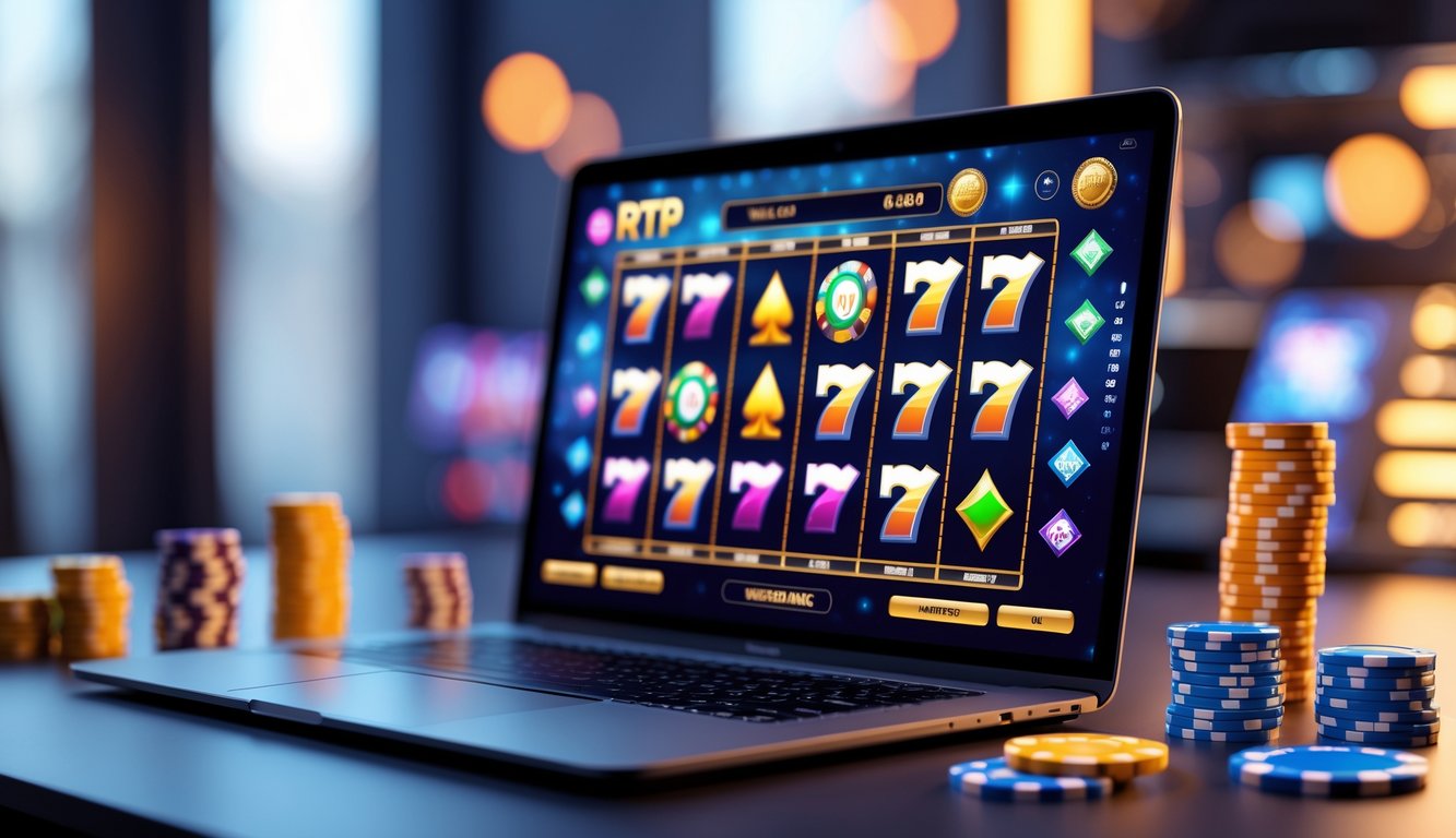 Seorang pengguna sedang bermain permainan slot online di laptop dengan latar belakang meja kerja yang rapi dan elemen terkait judi seperti chip kasino.