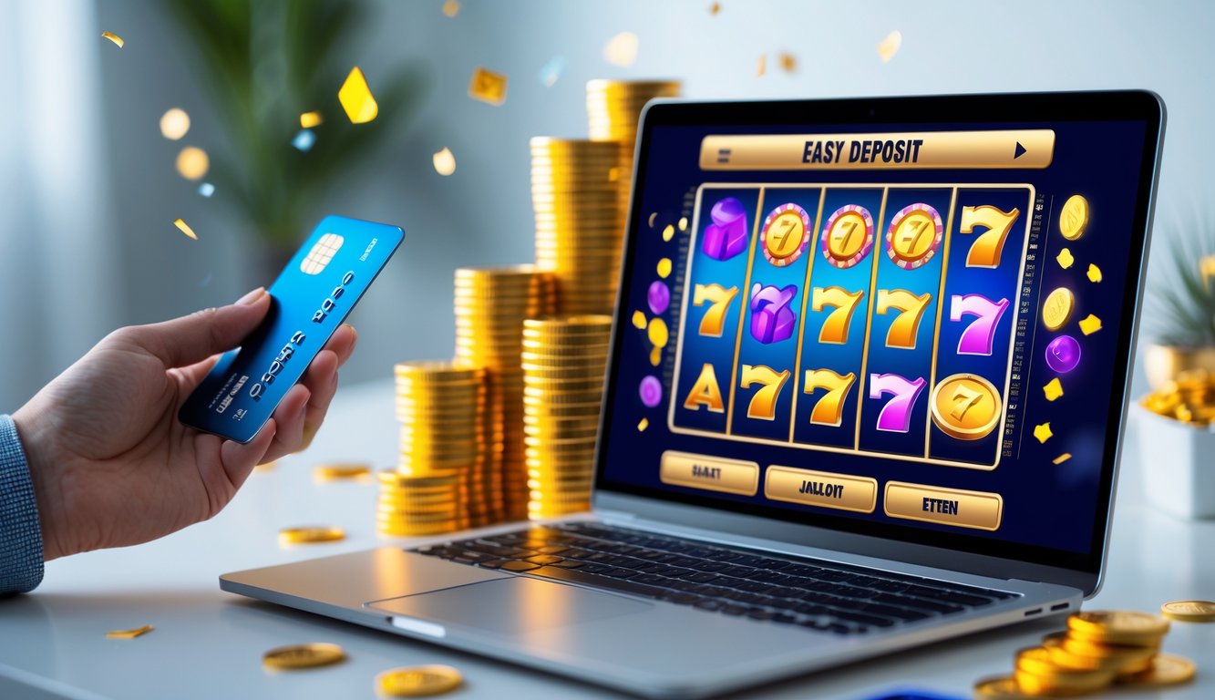Seorang pengguna sedang bermain slot online di laptop dengan tampilan permainan yang cerah dan simbol jackpot, di latar belakang terdapat tumpukan koin emas dan suasana yang menyenangkan.