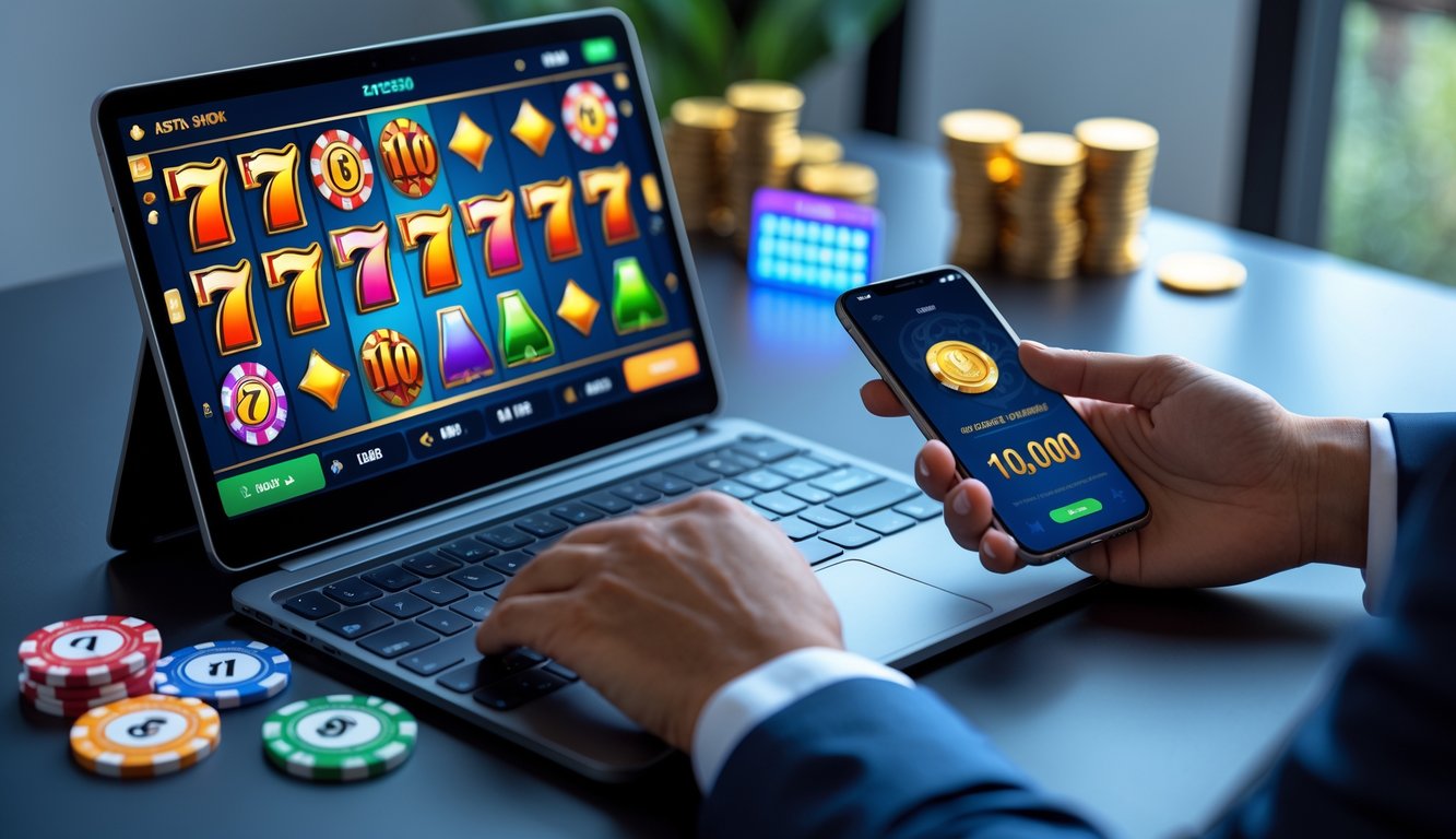Seorang pengguna sedang menggunakan laptop dan ponsel untuk bermain slot online dengan tampilan permainan yang berwarna-warni dan transaksi deposit digital sedang diproses.