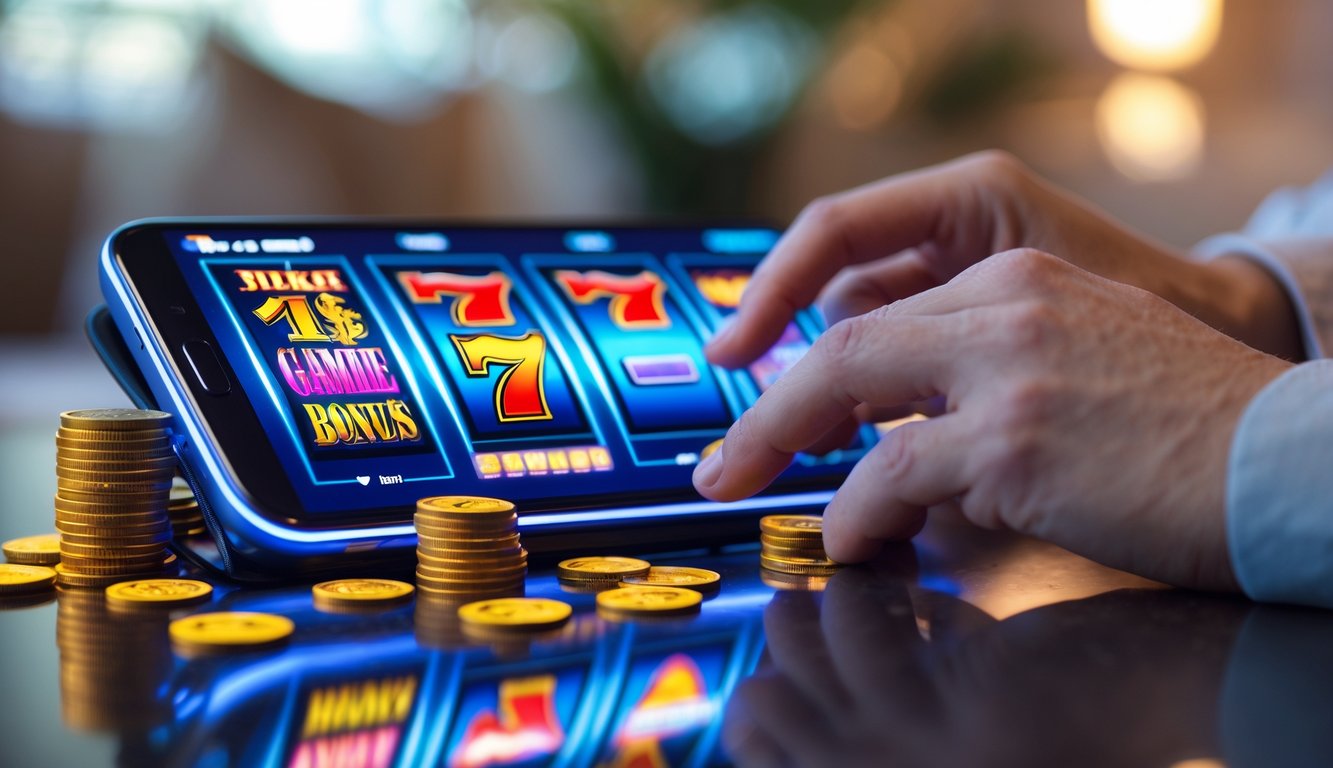 Tangan seseorang menggunakan ponsel dengan tampilan permainan slot berwarna cerah di layar, di latar belakang suasana ruangan yang nyaman.