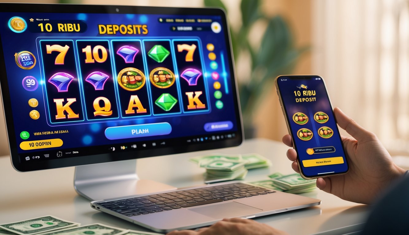 Seorang pengguna sedang bermain permainan slot online di laptop dan ponsel dengan uang rupiah di atas meja.