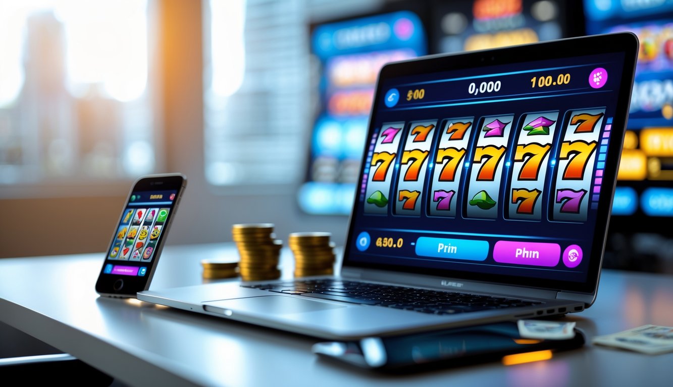 Seorang pengguna bermain mesin slot online di laptop dan ponsel dengan latar belakang yang bersih dan profesional.