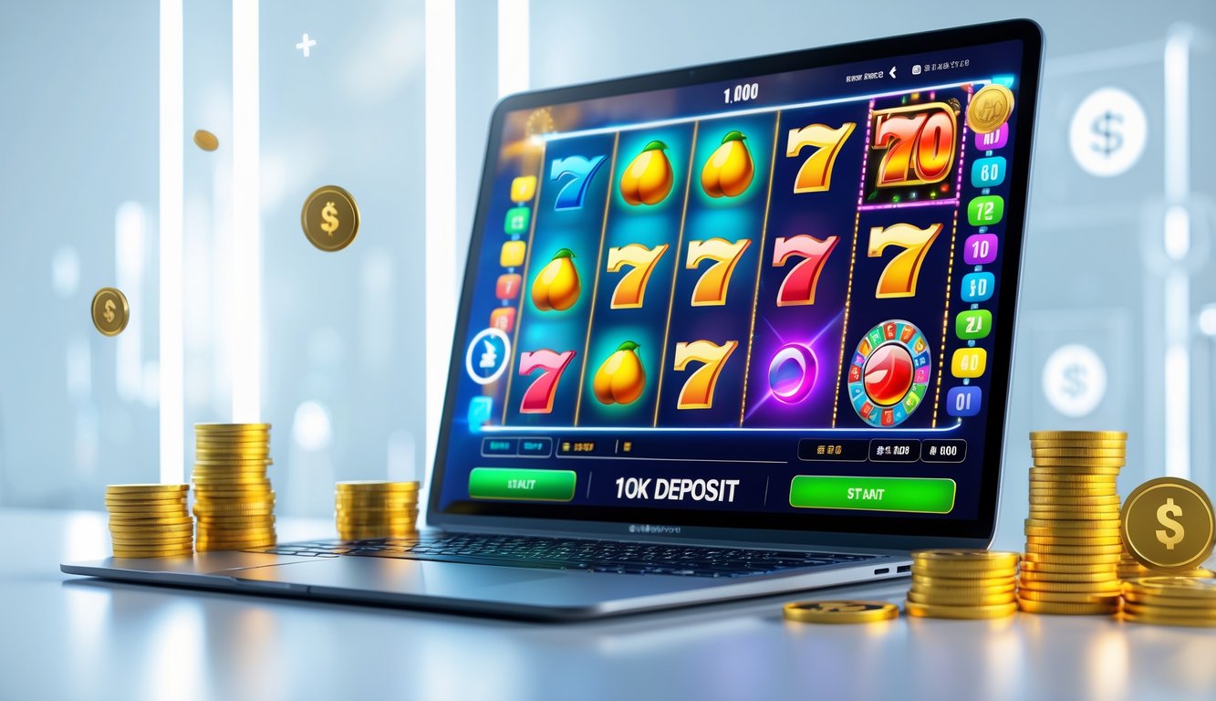 Seseorang menggunakan laptop atau ponsel dengan permainan slot online yang menampilkan gulungan warna-warni dan simbol klasik, dengan elemen uang digital di sekitar perangkat.