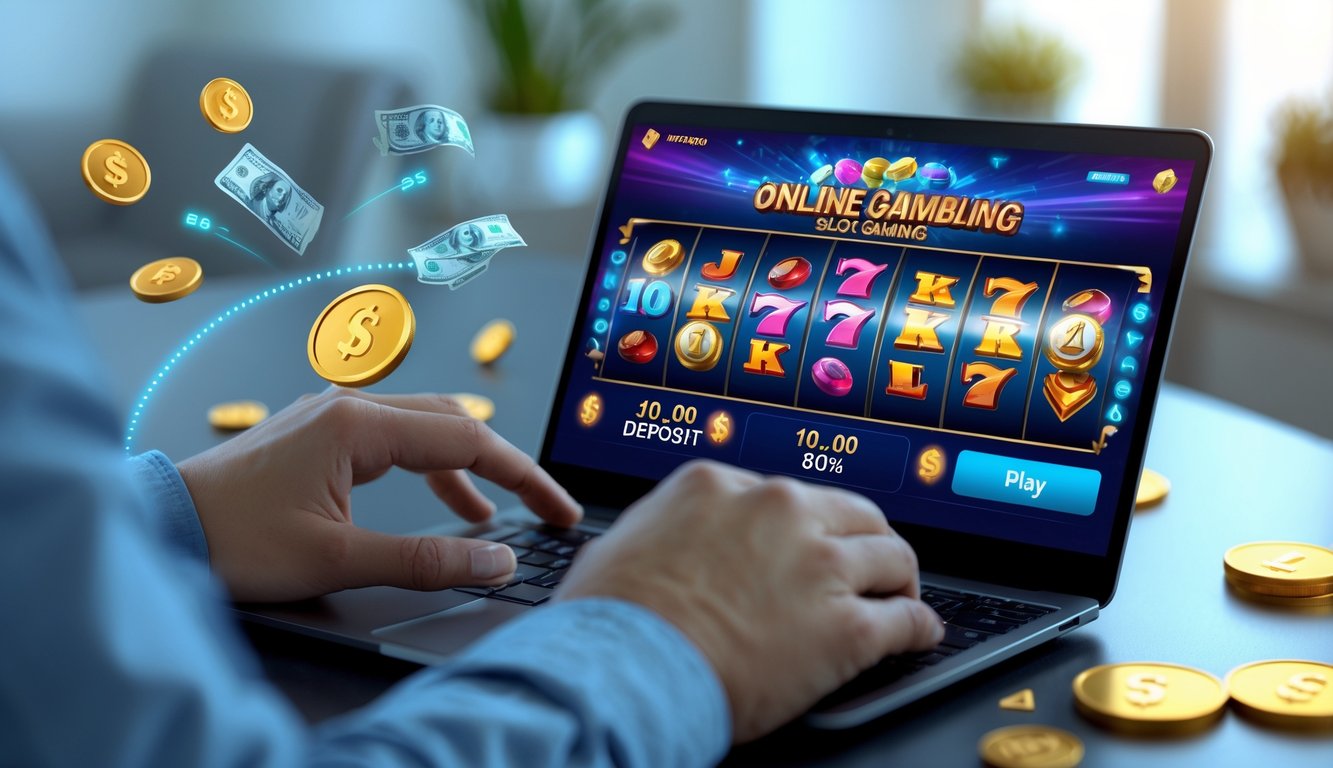 Seseorang menggunakan ponsel dengan tampilan permainan slot online berwarna-warni, dikelilingi simbol uang digital dan ikon transaksi cepat.