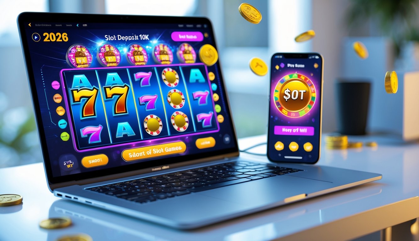 Seorang pengguna bermain permainan slot online di laptop dan ponsel dengan latar belakang simbol koin dan dompet digital.
