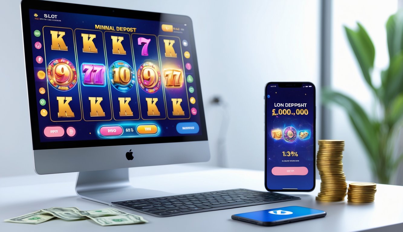 Seorang pengguna bermain permainan slot online di komputer dan ponsel dengan uang rupiah di meja, menunjukkan konsep deposit kecil dan permainan aman dengan pengembalian tinggi.