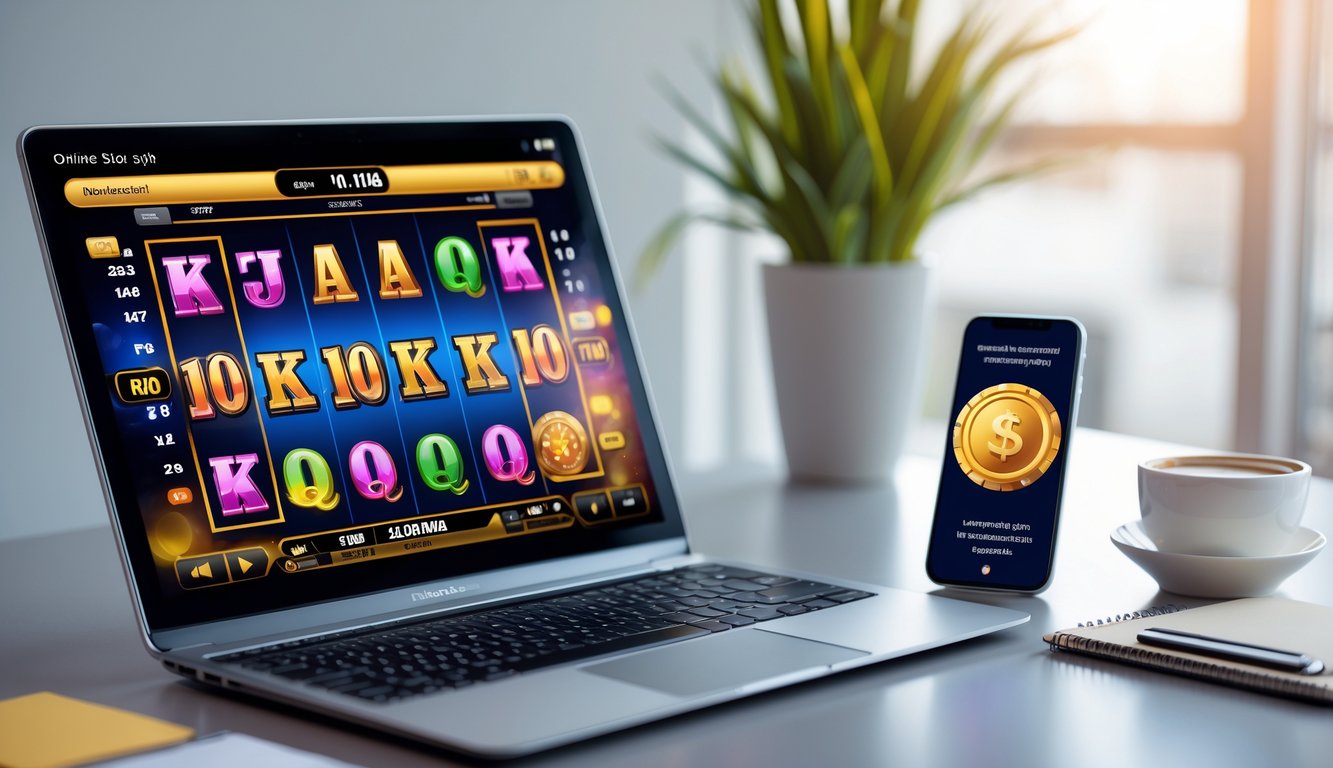 Seorang pengguna sedang bermain slot online di laptop dengan layar permainan berwarna cerah dan ponsel menampilkan konfirmasi transaksi di meja kerja yang rapi.