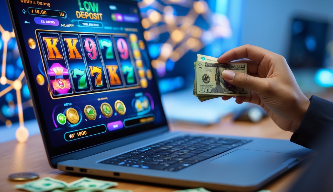 Tangan memegang uang rupiah di dekat komputer yang menampilkan permainan slot online dengan latar belakang teknologi digital.