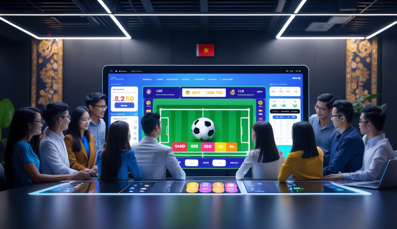 Sekelompok orang muda berkumpul di sekitar meja digital yang menampilkan grafik terkait taruhan bola online dengan latar belakang elemen budaya Indonesia.