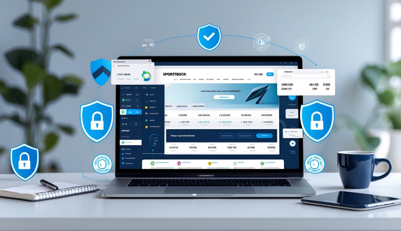 Seorang pengguna di depan komputer dengan tampilan situs taruhan bola online yang aman dan terpercaya, dikelilingi simbol keamanan dan perangkat teknologi di meja kerja modern.