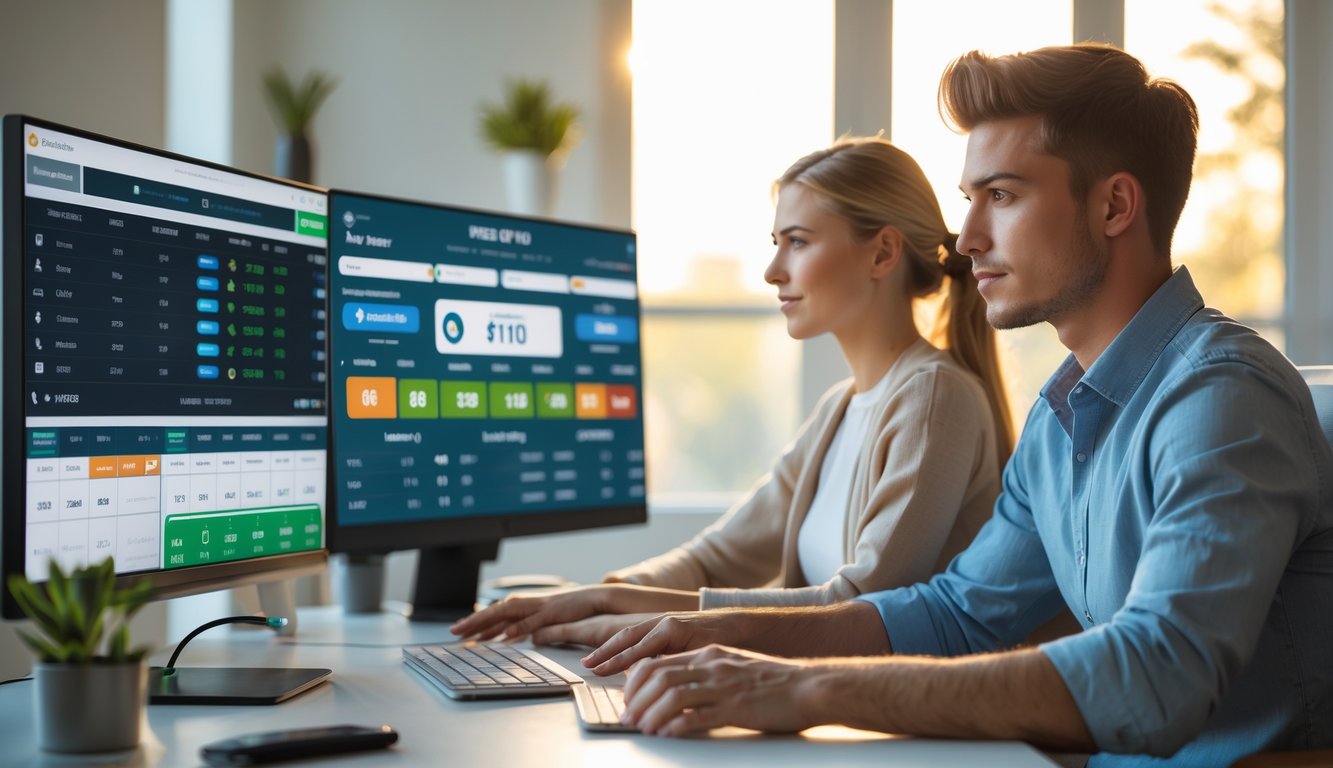 Dua orang muda sedang menggunakan komputer di ruang kerja yang terang dan aman dengan layar menampilkan acara olahraga dan informasi taruhan.