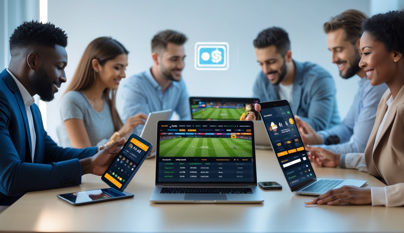 Orang-orang menggunakan perangkat digital untuk memasang taruhan bola online dalam suasana yang aman dan terpercaya.