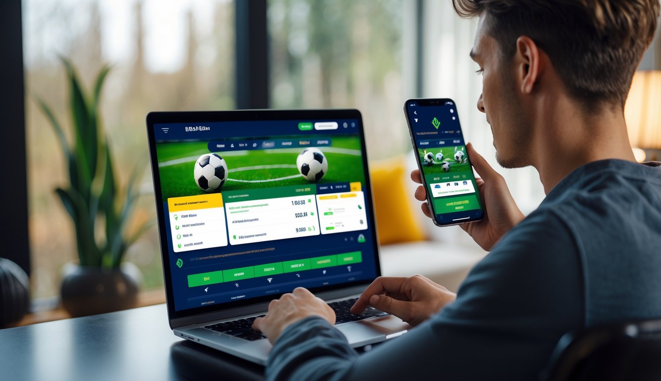 Seseorang menggunakan laptop dan ponsel untuk bertaruh bola secara online di ruang kerja modern yang terang dan rapi.