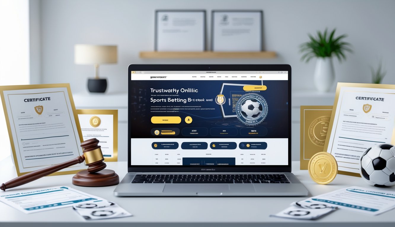 Sebuah meja kerja dengan komputer yang menampilkan situs taruhan olahraga online terpercaya, dikelilingi oleh dokumen hukum dan simbol kepercayaan.