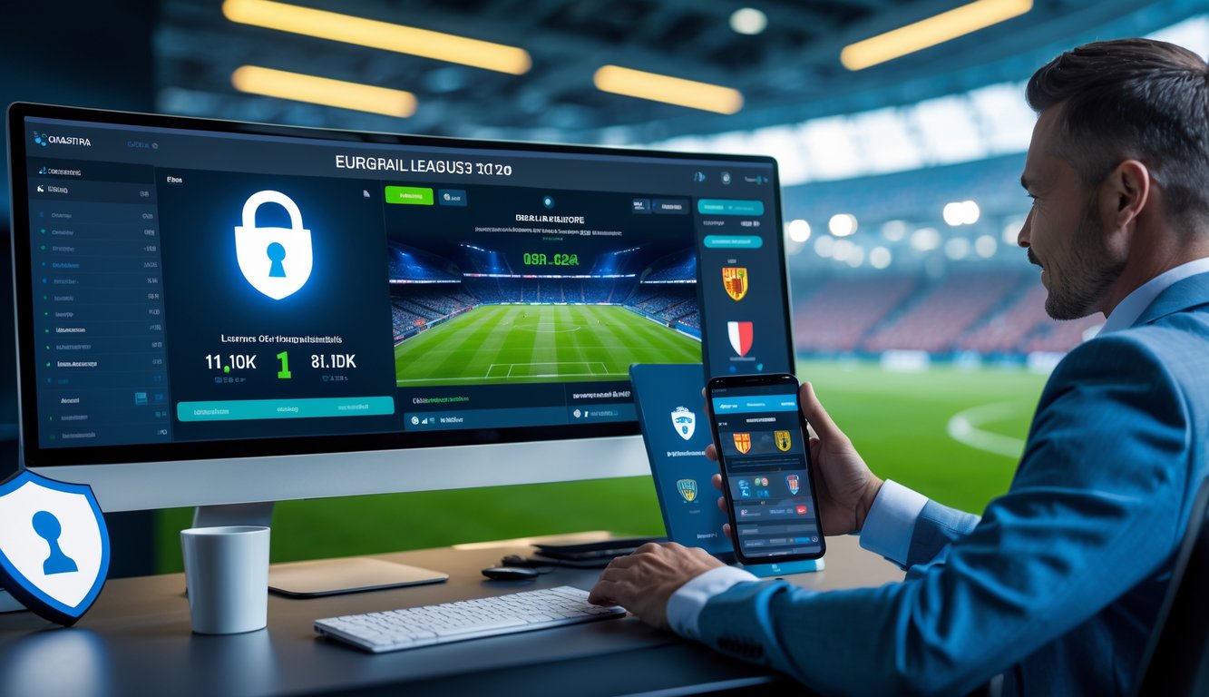 Seorang pengguna sedang menggunakan komputer dan ponsel untuk taruhan sepak bola Liga Eropa dengan latar belakang stadion dan simbol keamanan digital.