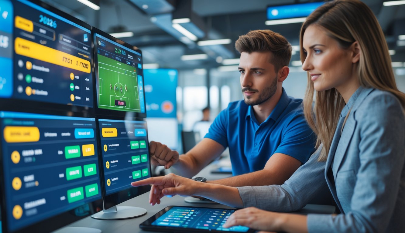 Dua orang dewasa muda sedang menggunakan layar sentuh dengan tampilan taruhan sepak bola online di ruang kantor modern.
