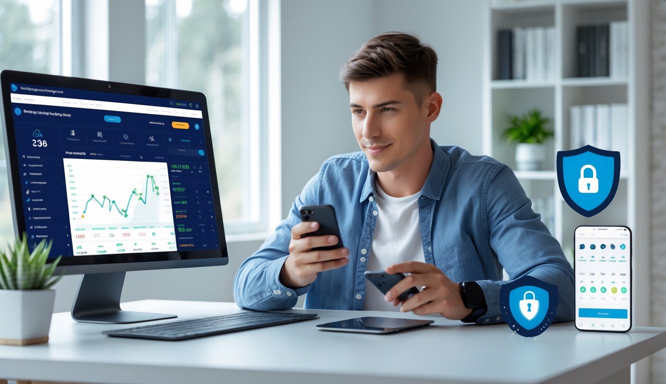 Seorang pria muda duduk di meja kerja dengan beberapa perangkat digital yang menampilkan tampilan taruhan bola online, terlihat fokus dan serius.
