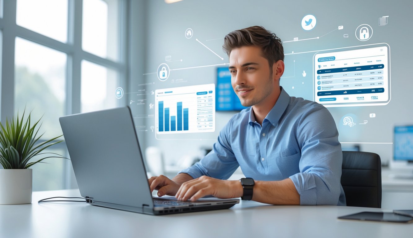 Seorang pria muda duduk di meja dengan laptop, fokus menganalisis data terkait taruhan olahraga online di lingkungan kantor yang terang dan bersih.