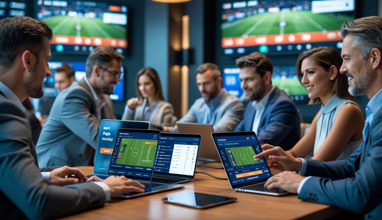 Sekelompok orang menggunakan perangkat digital untuk taruhan olahraga online sambil menonton pertandingan sepak bola secara langsung di layar besar.