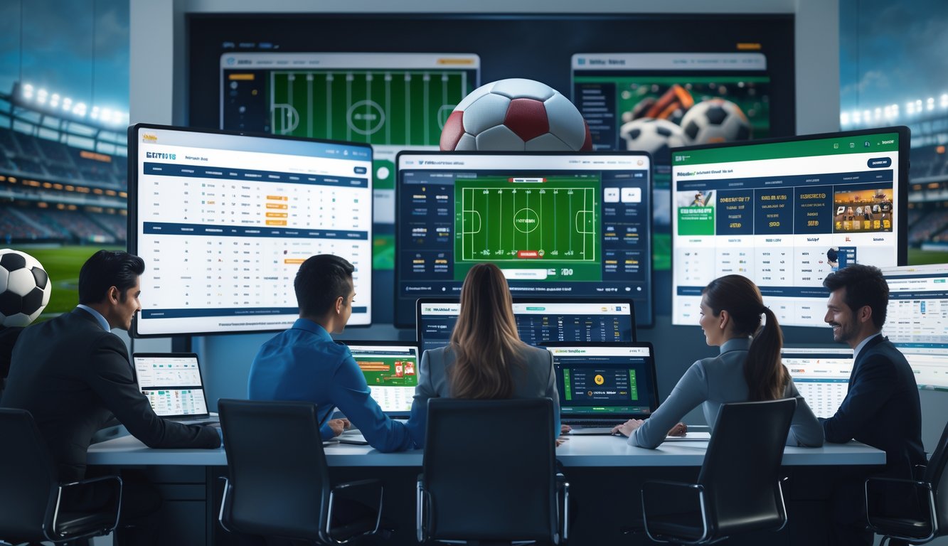 Beberapa orang sedang menggunakan perangkat digital untuk memasang taruhan sepak bola online dengan layar yang menampilkan pertandingan langsung dan statistik taruhan.