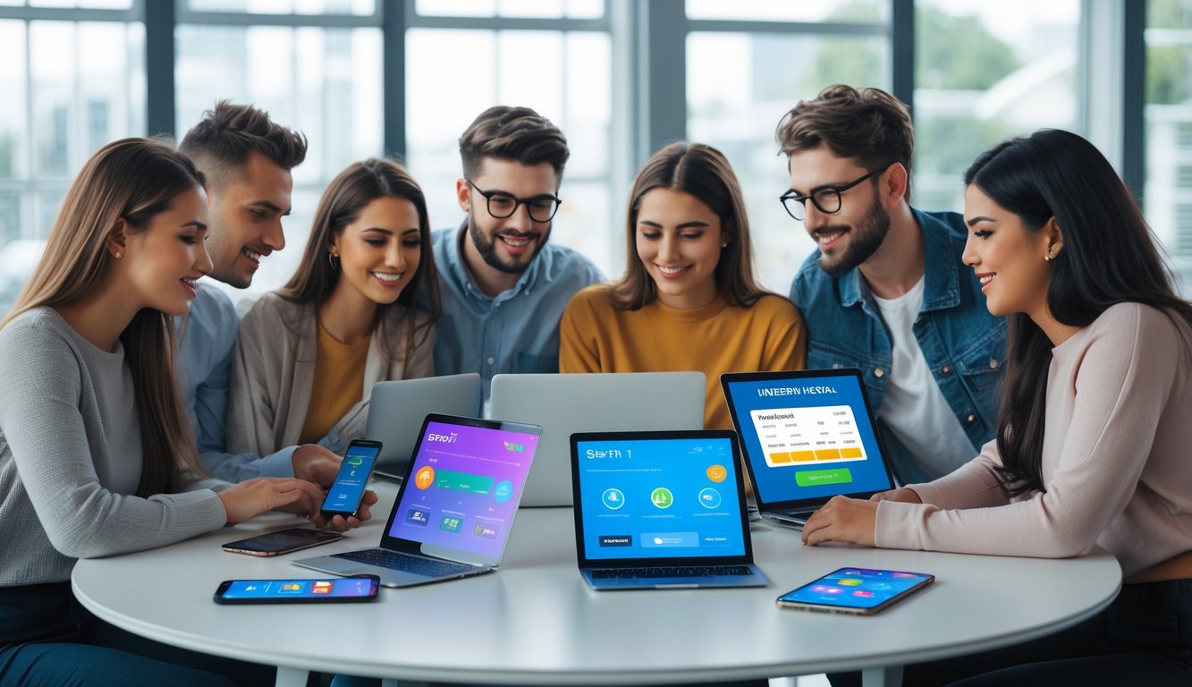 Sekelompok orang muda menggunakan perangkat elektronik untuk melakukan transaksi digital cepat di ruang kantor modern.