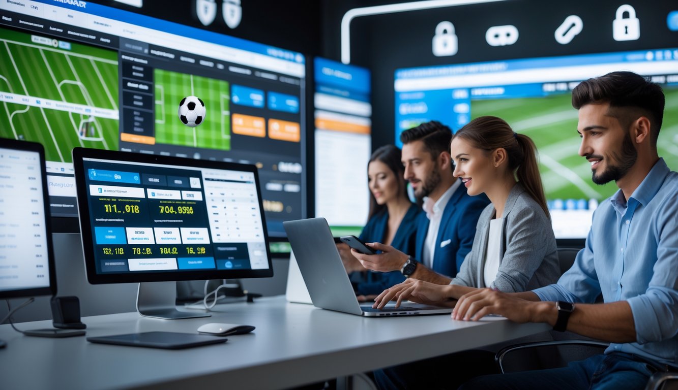 Orang-orang menggunakan komputer dan ponsel untuk memasang taruhan bola online dengan tampilan statistik dan transaksi digital di layar.