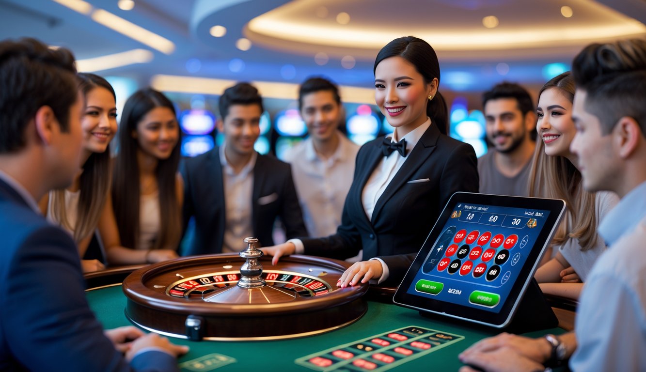 Seorang dealer wanita profesional sedang memimpin permainan roulette online dengan beberapa pemain muda yang memperhatikan di meja kasino modern.