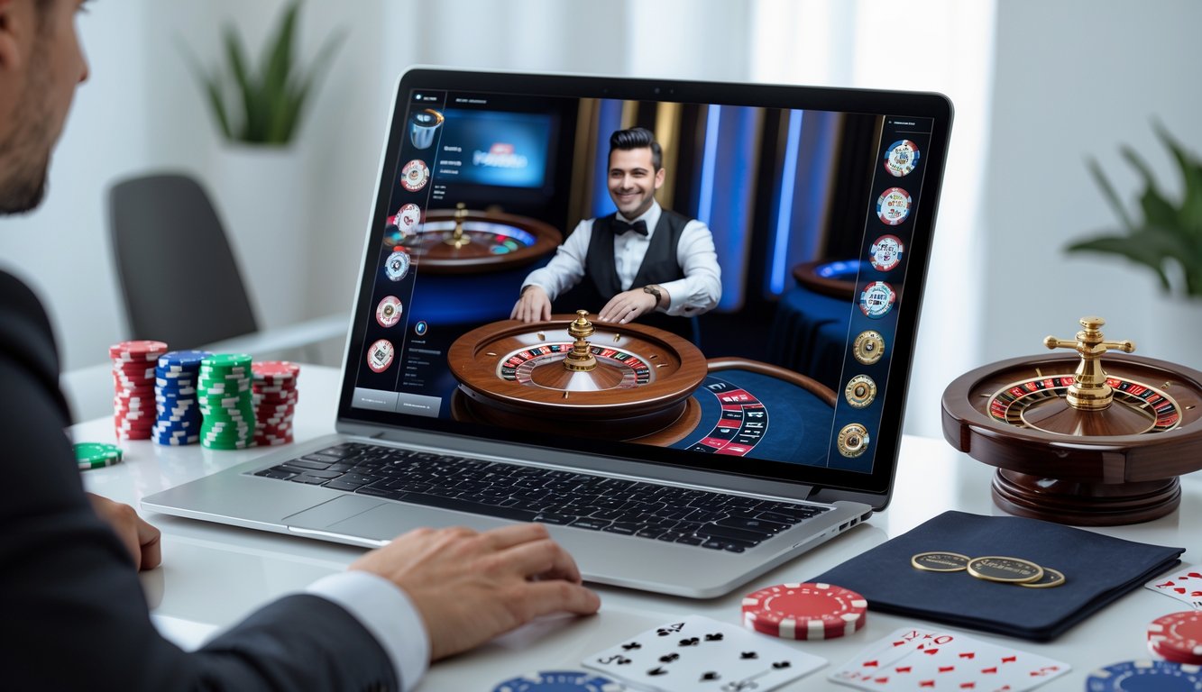 Seorang dealer langsung sedang mengelola meja roulette online yang ditampilkan di layar komputer modern dengan suasana yang terang dan profesional.