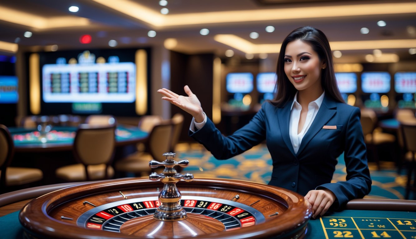 Seorang dealer perempuan yang percaya diri sedang mengelola meja roulette di kasino dengan suasana modern dan elegan.