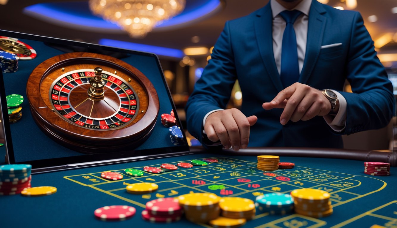 Seorang dealer live yang profesional sedang mengoperasikan permainan roulette online dengan seorang pemain yang menggunakan laptop, menampilkan suasana permainan roulette yang interaktif.