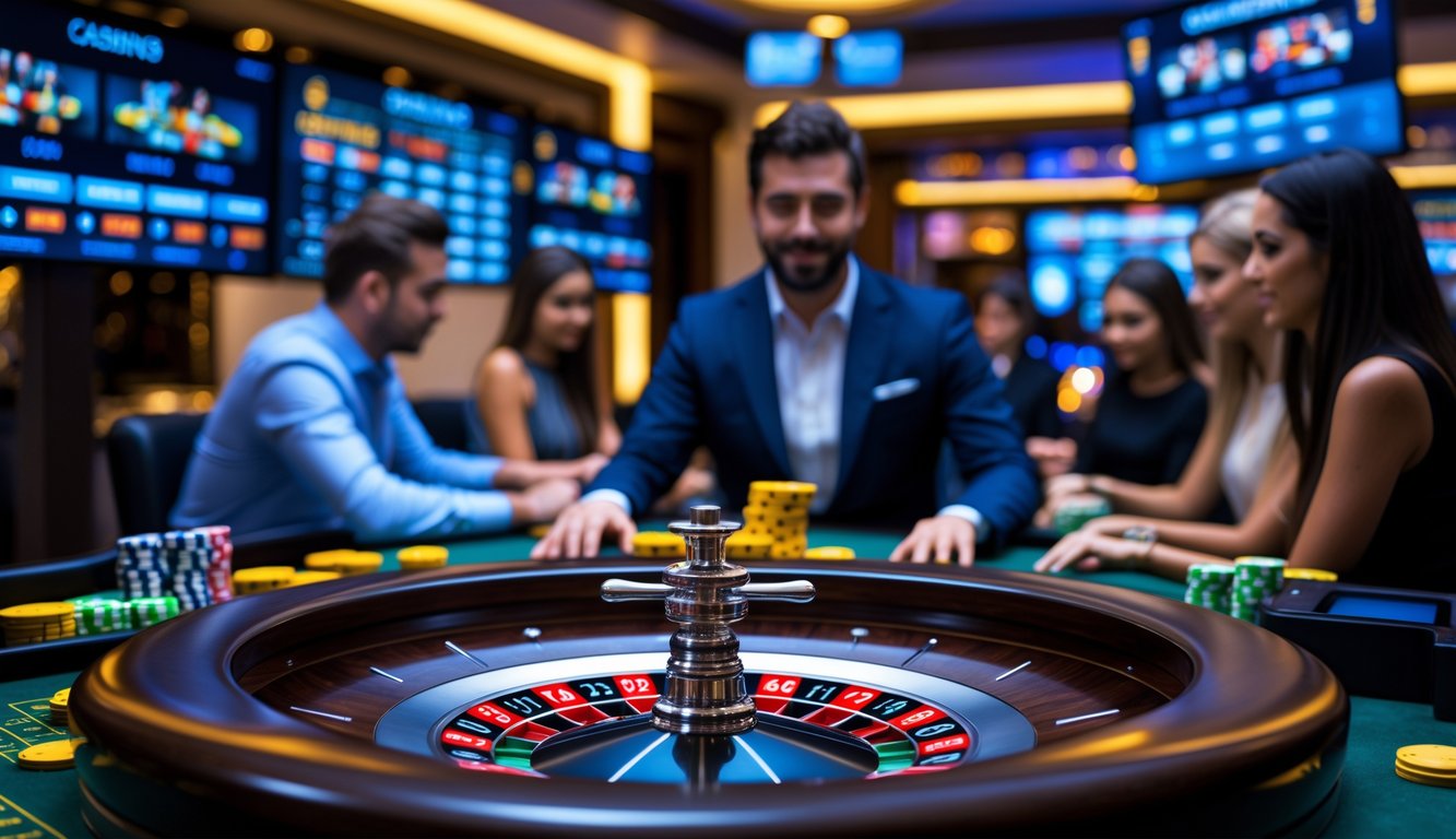 Orang-orang sedang bermain roulette online dengan dealer langsung di layar komputer dalam suasana kasino modern yang aman dan terpercaya.
