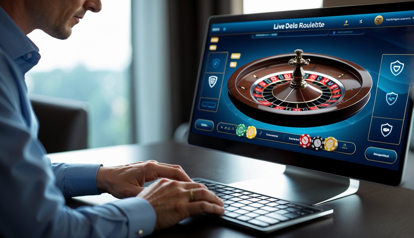 Seorang pemain dewasa fokus menggunakan komputer dengan tampilan permainan roulette dealer langsung di layar, di lingkungan yang aman dan tenang.