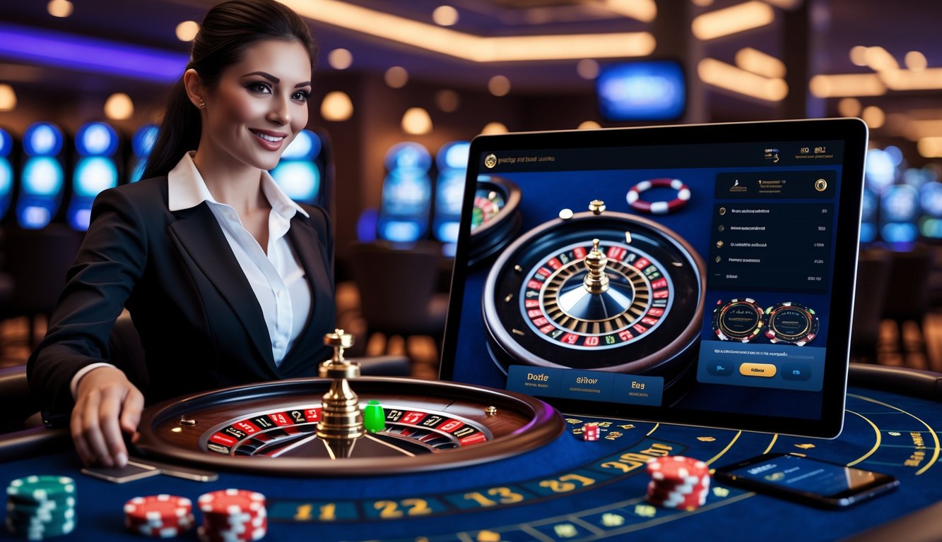Seorang dealer wanita yang ramah sedang memutar roda roulette langsung dalam suasana kasino modern dengan perangkat komputer yang menampilkan permainan roulette online.