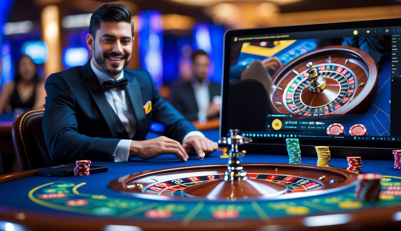 Seorang dealer roulette langsung yang tersenyum di depan meja roulette dengan pemain yang berinteraksi melalui layar komputer.