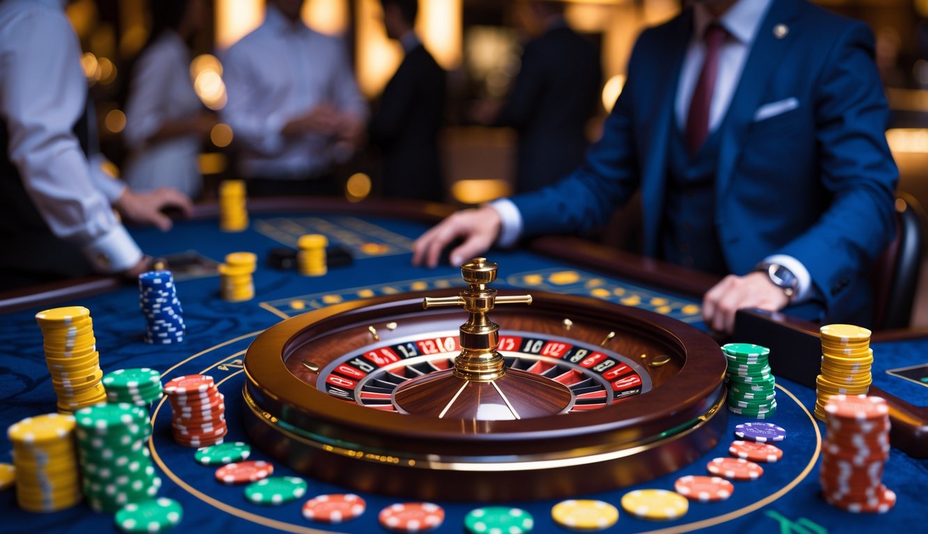 Seorang dealer live roulette sedang mengelola permainan di meja dengan tumpukan chip kecil dan suasana kasino modern di latar belakang.