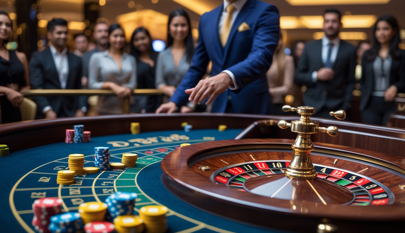 Seorang dealer mengoperasikan roda roulette dengan pemain yang memperhatikan dan tumpukan chip taruhan kecil di meja kasino.