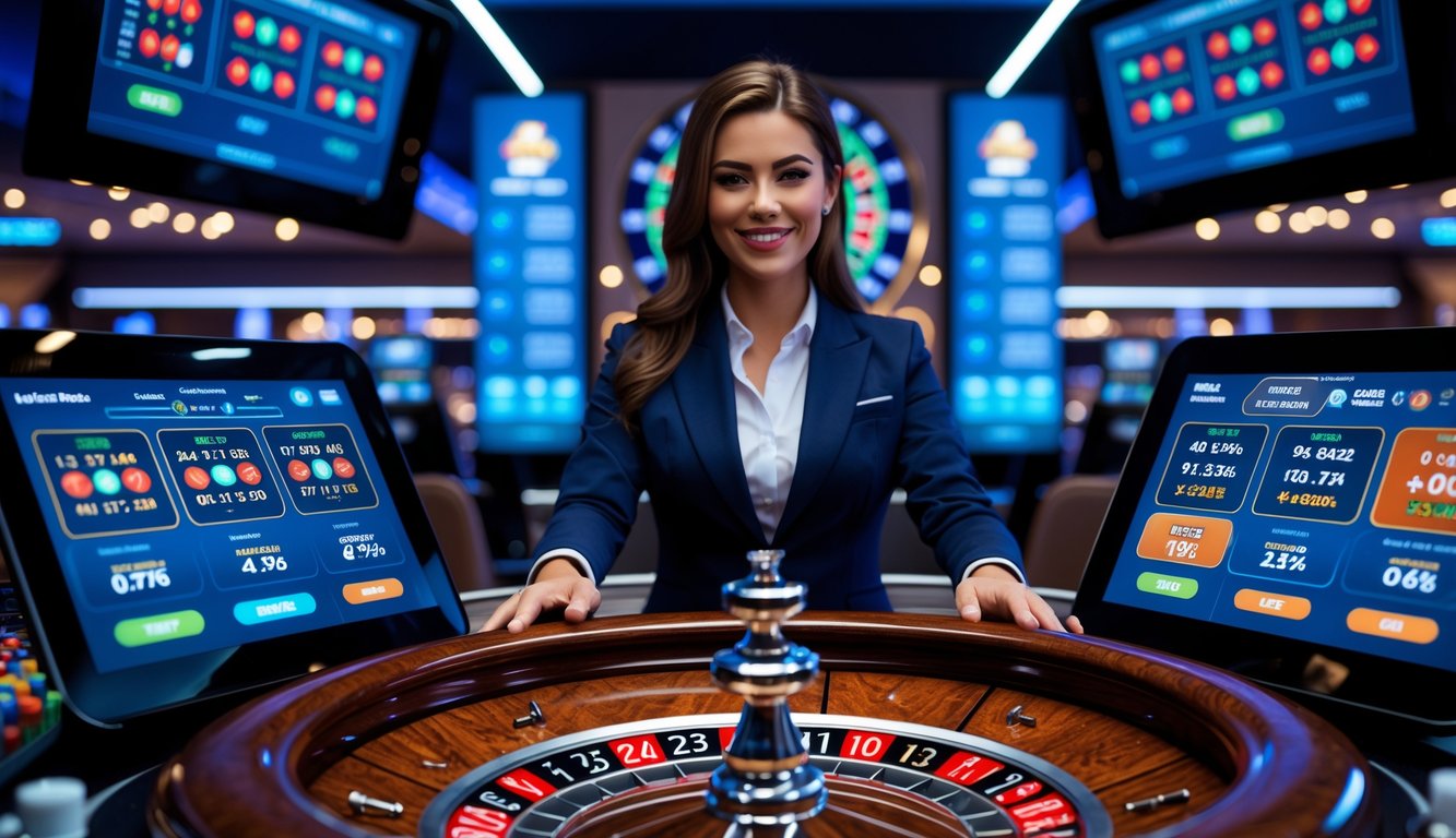 Seorang dealer wanita tersenyum di depan meja roulette dengan layar komputer yang menampilkan permainan roulette online.