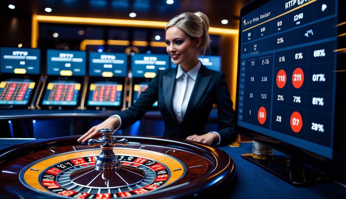 Seorang dealer wanita sedang memutar roda roulette di meja kasino dengan layar komputer menampilkan statistik permainan di latar belakang.