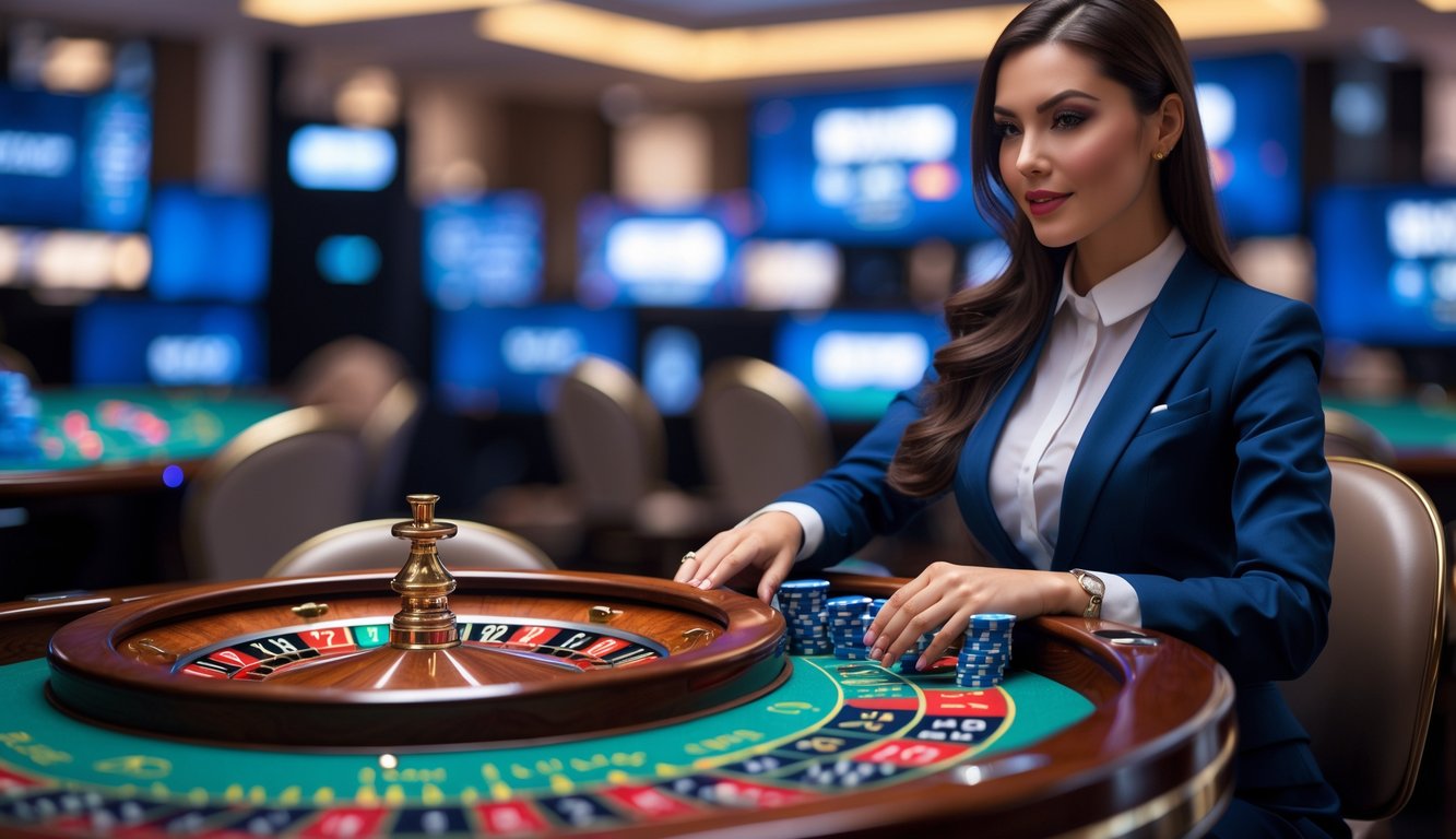 Seorang dealer wanita sedang memutar roda roulette di meja dengan peralatan streaming dan layar digital di latar belakang.