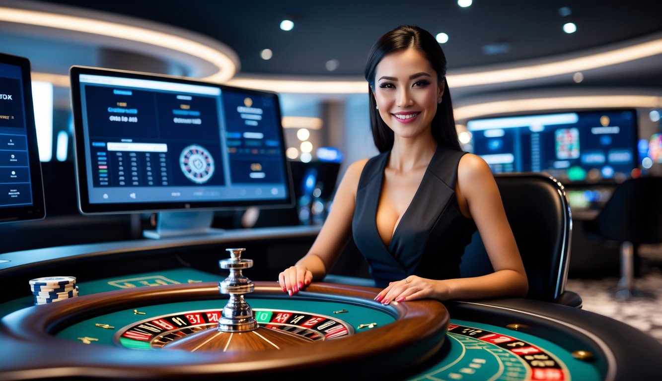 Seorang dealer wanita duduk di belakang meja roulette dengan roda roulette dan layar komputer yang menampilkan permainan roulette online secara langsung.