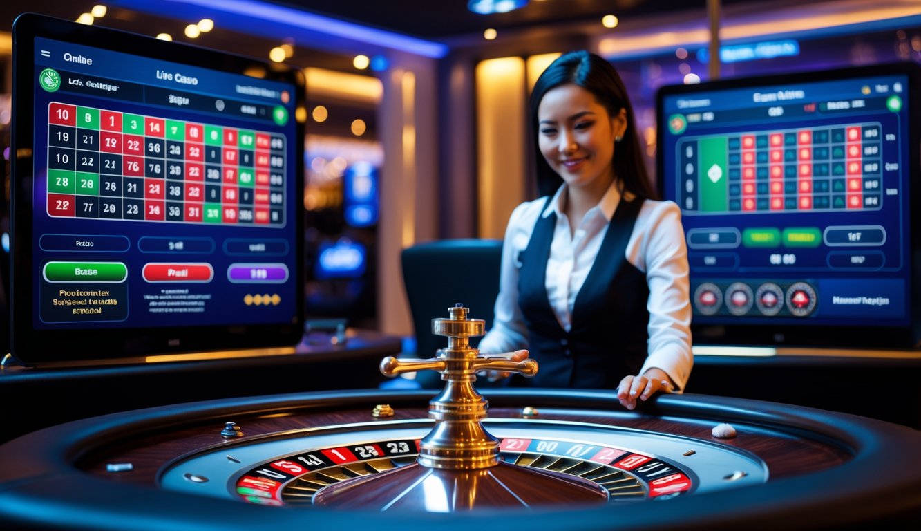 Seorang dealer live roulette yang ramah sedang memutar roda roulette di studio kasino modern dengan layar menampilkan permainan roulette online.