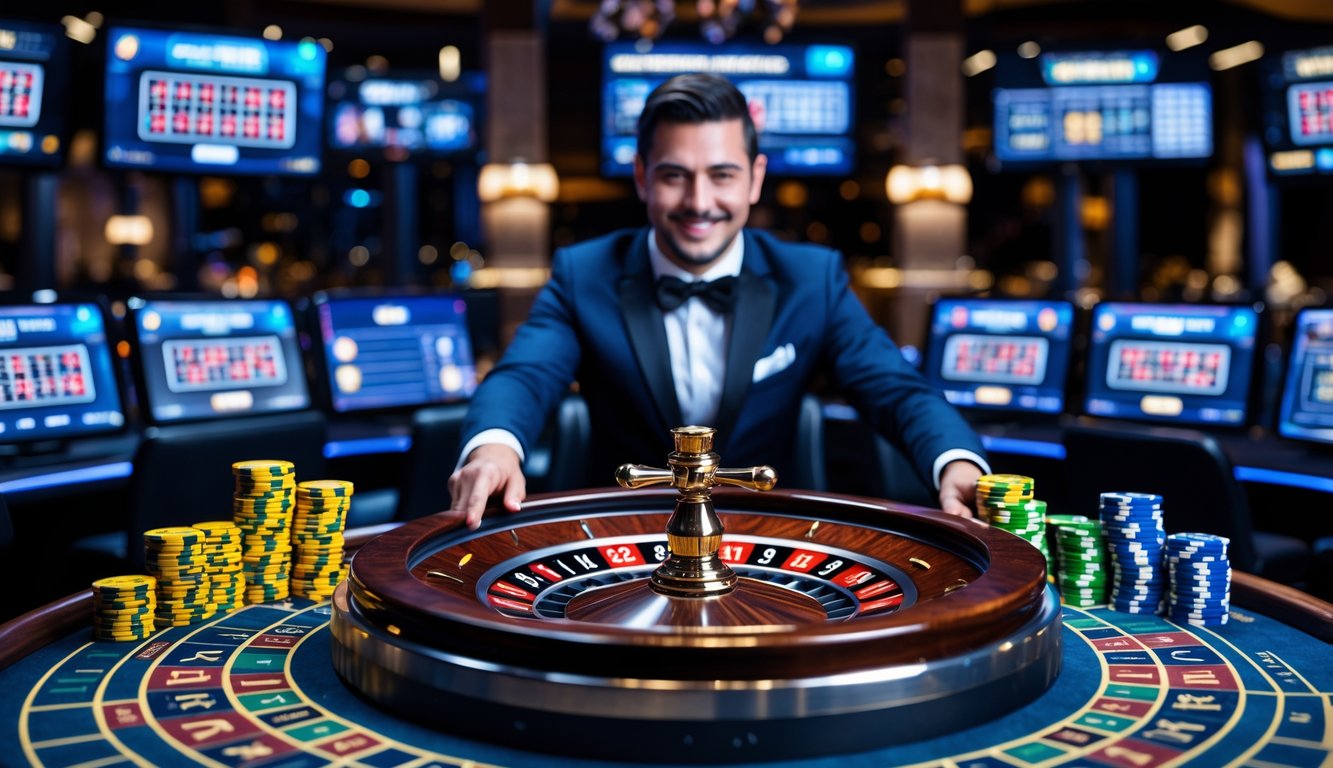 Seorang dealer profesional sedang memutar roda roulette di meja kasino dengan tumpukan chip dan layar komputer di latar belakang.