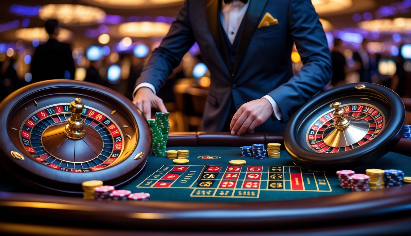 Seorang dealer kasino profesional mengelola permainan roulette dengan dua roda roulette berbeda di meja kasino yang mewah.
