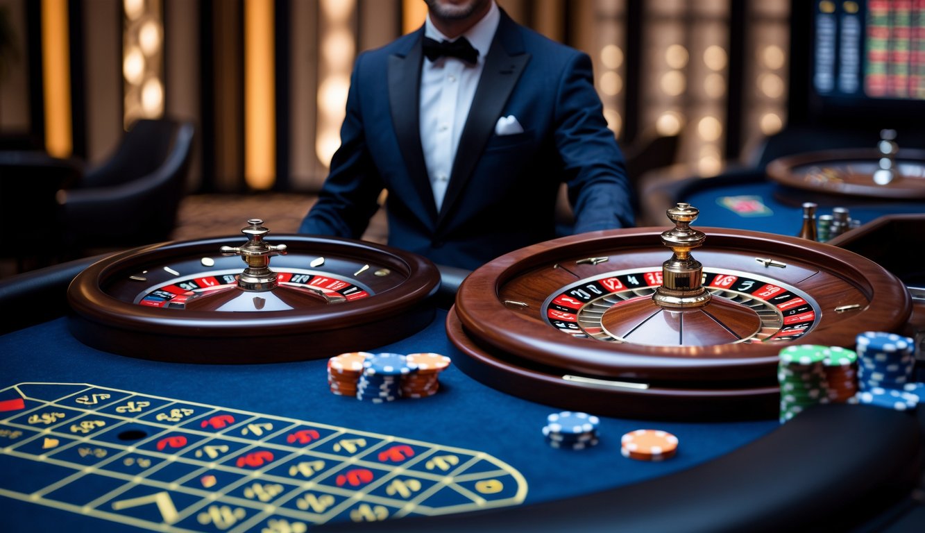Seorang dealer kasino profesional di meja roulette dengan dua roda roulette berbeda, satu dengan satu nol dan satu lagi dengan nol ganda, di lingkungan kasino yang terang.