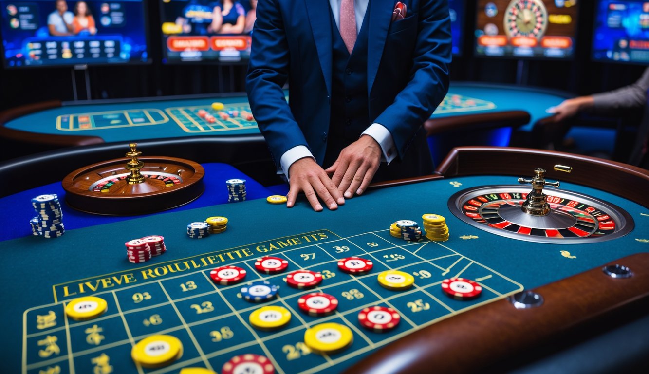 Seorang dealer live berdiri di belakang meja roulette dengan roda roulette yang berputar dan chip warna-warni di atas meja, dengan layar komputer menampilkan permainan kasino online di latar belakang.