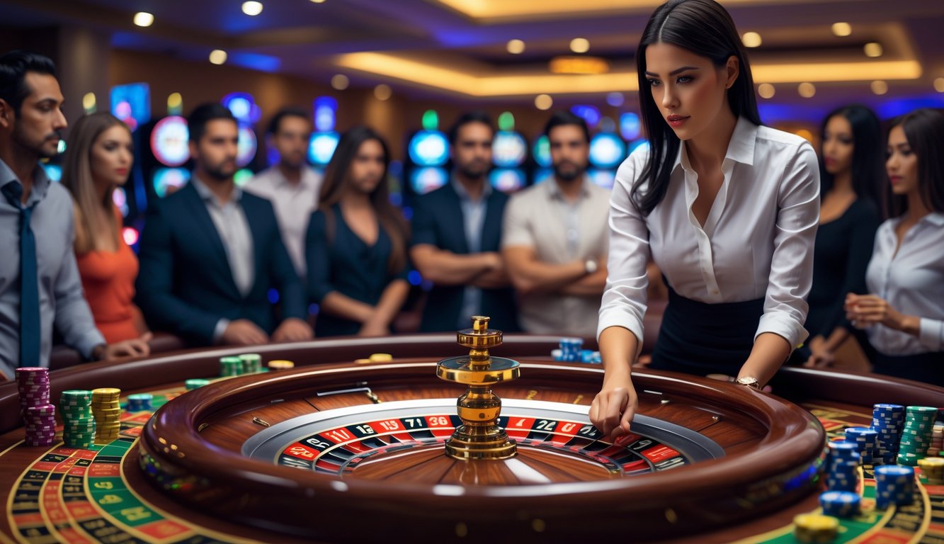 Seorang dealer wanita sedang memutar roda roulette di meja kasino dengan beberapa pemain mengamati dan memegang chip taruhan.