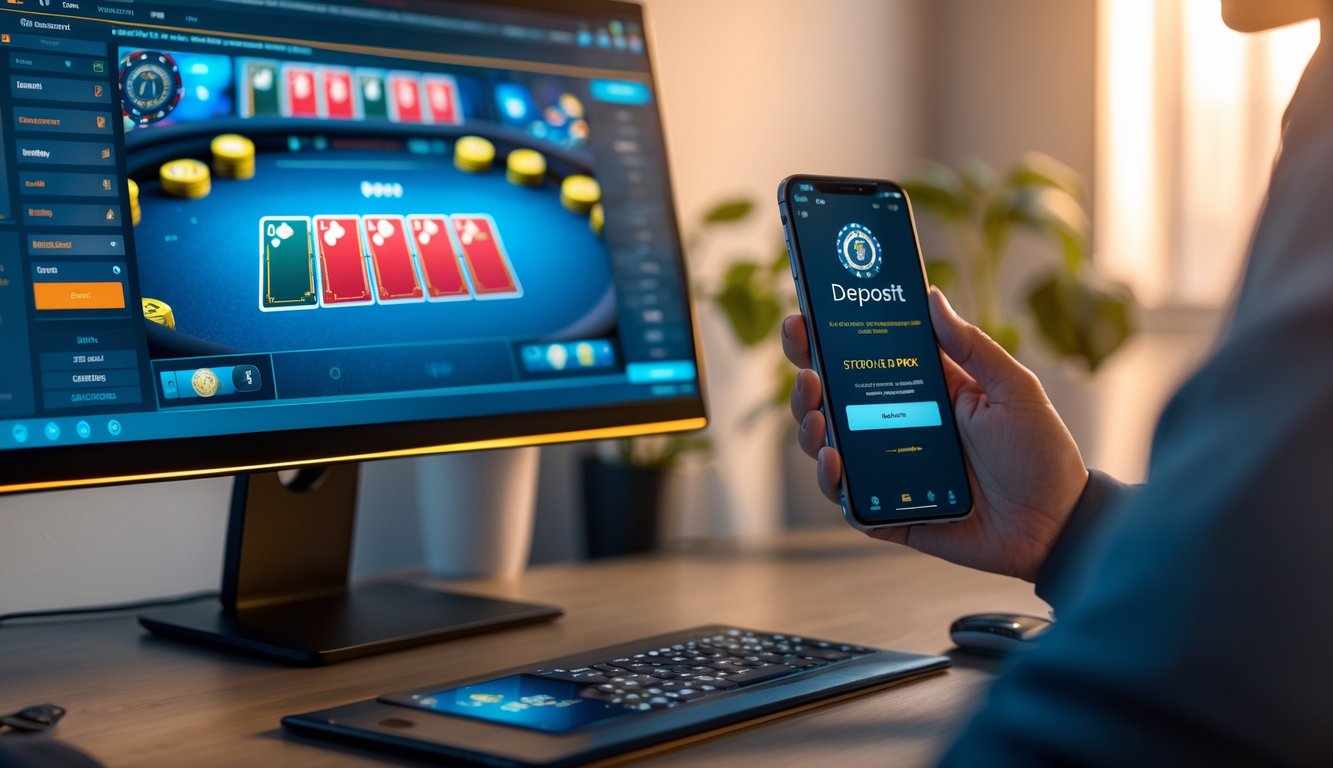 Seorang pengguna sedang bermain poker online di komputer dengan aplikasi dompet digital terbuka di ponsel, di meja kerja yang rapi dan terang.