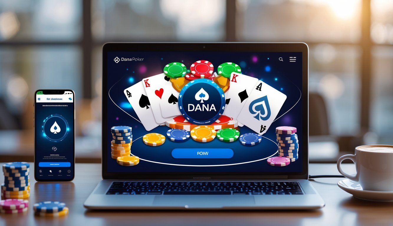 Sebuah meja kerja dengan komputer yang menampilkan permainan poker online, chip poker, kartu bermain, dan ikon aplikasi dompet digital Dana.