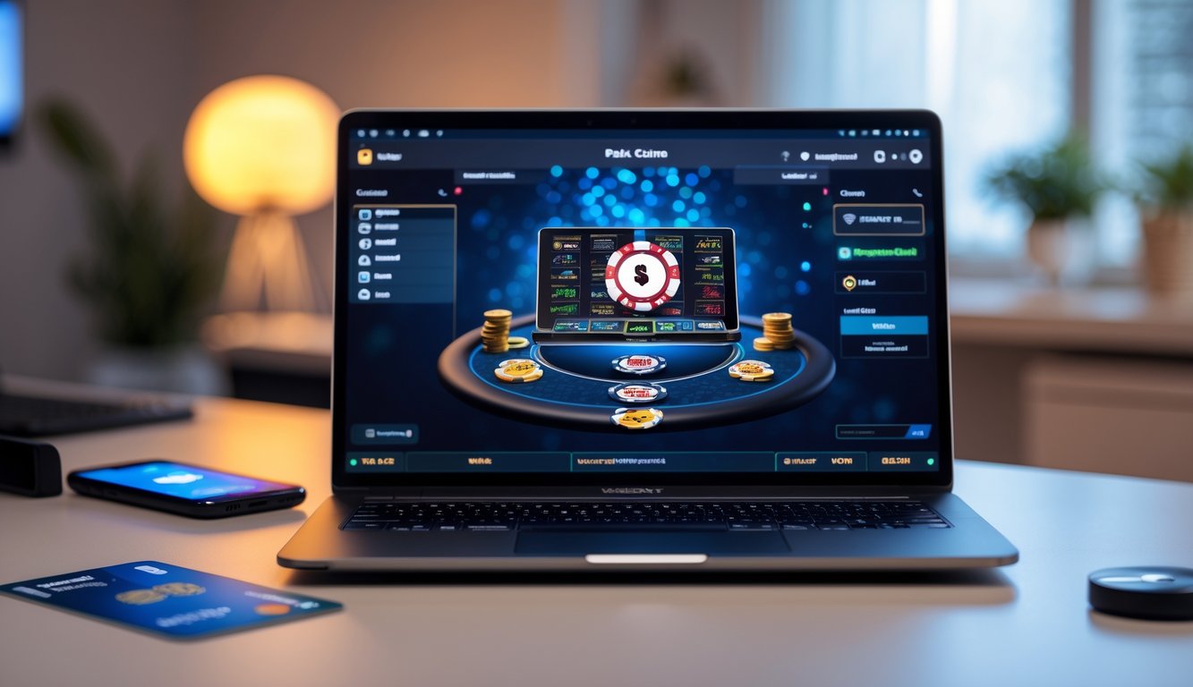 Seorang pria menggunakan laptop di meja dengan tampilan permainan poker online di layar, di sampingnya terdapat ponsel dan kartu kredit.
