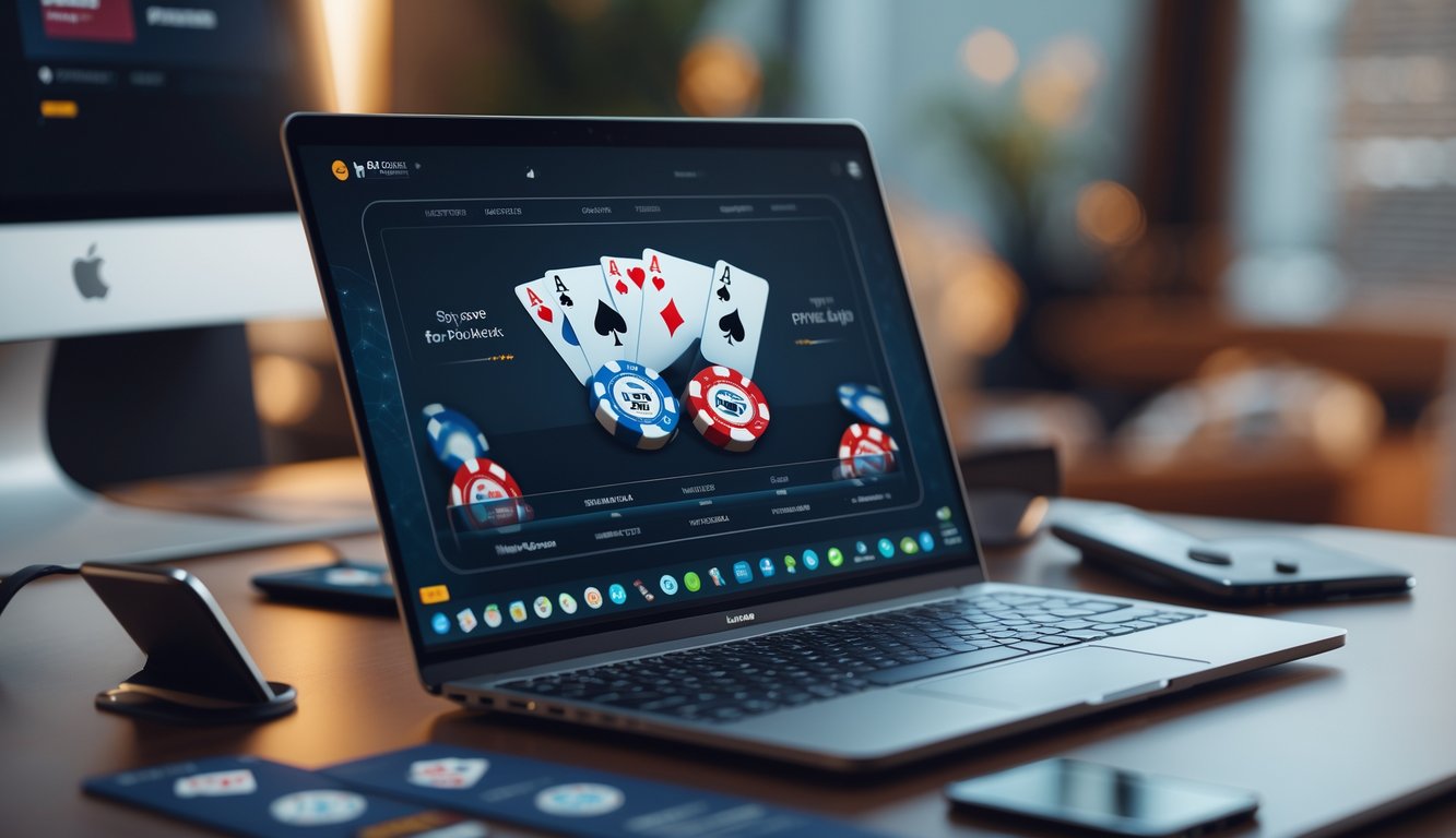 Seorang pemain poker online menggunakan laptop dan smartphone di meja dengan chip poker dan kartu, menunjukkan permainan poker dan pembayaran digital.